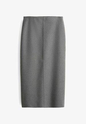 Gray pencil skirt with a tailored design, made from a smooth fabric, featuring a central back seam and knee-length cut.