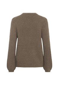 Brauner Strickpullover mit rundem Hals, langen Ärmeln und weicher Textur, von hinten betrachtet. Keine auffälligen Muster oder Akzente.
