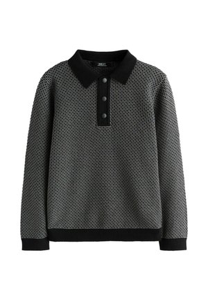 Langärmeliger Strickpullover mit schwarzem Kragen, drei Knöpfen auf der Vorderleiste und einem strukturierten grau-schwarzen Muster über den gesamten Pullover.