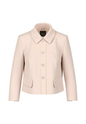 Beige cropped jacket with wide collar, four front buttons, and two flap pockets, displayed on a white background.