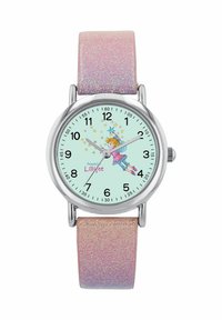 Runde Uhr mit einem silbernen Gehäuse, mintgrünen Zifferblatt und schwarzen Zahlen. Sie verfügt über ein pinkes Glitzerarmband mit Farbverlauf und eine Illustration einer Fee.
