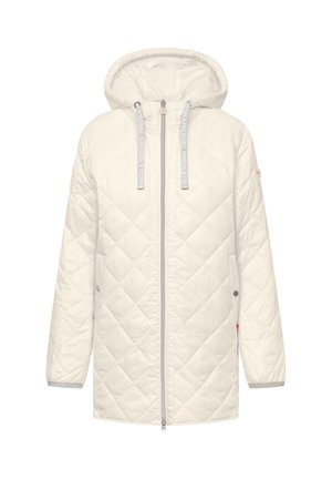 Długa, jasnobeżowa pikowana kurtka z przodu na zamek błyskawiczny, z kapturem i troczkami z tekstem marki "Frieda & Freddies".