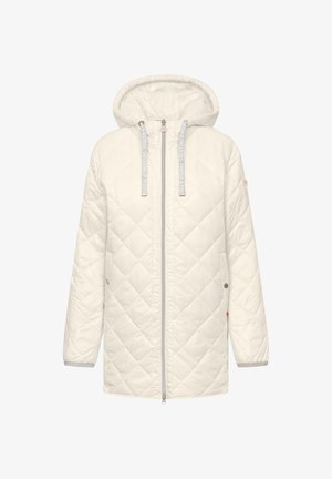 Lange, lichtbeige doorgestikte jas met ritssluiting aan de voorkant, capuchon en trekkoorden met merknaam 'Frieda & Freddies'.