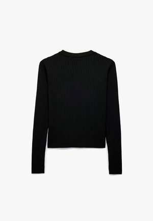 Sort ribbet langærmet sweater med rund halsudskæring og cropped pasform, som har tekstureret stof og et rent, minimalistisk design.