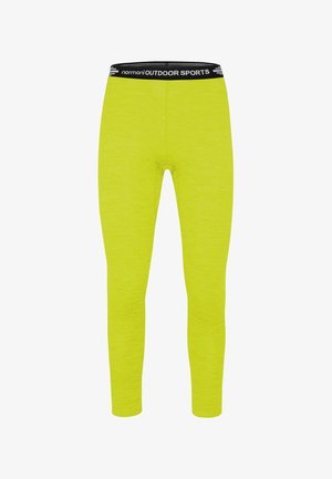 Helle gelb-grüne Sportleggings mit einem schwarzen Bund, beschriftet mit "normani OUTDOOR SPORTS", entwickelt für aktive Bewegung.