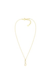 Collana placcata in oro con un pendente a forma di infinito, caratterizzata da un design a torsione decorato con piccole pietre di rhinestone trasparenti, su una catena fine.