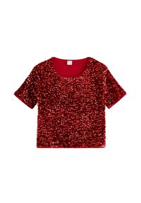 Rød kortærmet top dækket af perler, med rund hals og en glat inderforing. Funklende overflade med en struktureret finish.