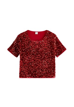 Červený krátký rukáv top pokrytý flitry, včetně kulatého výstřihu a hladké vnitřní podšívky. Lesklý povrch s texturovaným povrchem.