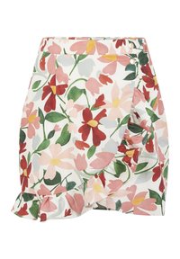 Jupe portefeuille florale avec un ourlet froncé, fabriquée en tissu léger. Le design comprend des motifs floraux roses, rouges et verts sur fond blanc.