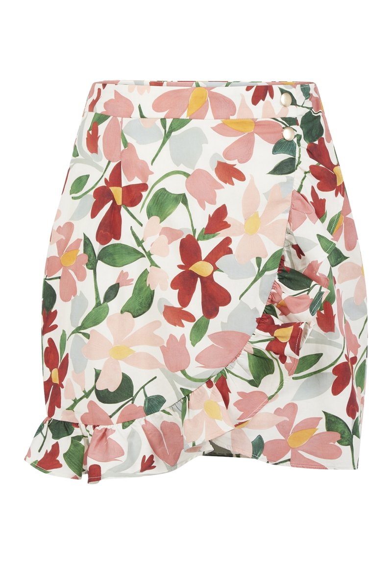 Jupe portefeuille florale avec un ourlet froncé, fabriquée en tissu léger. Le design comprend des motifs floraux roses, rouges et verts sur fond blanc.