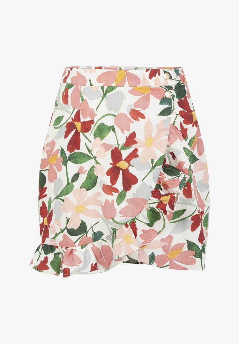 Jupe portefeuille florale avec un ourlet froncé, fabriquée en tissu léger. Le design comprend des motifs floraux roses, rouges et verts sur fond blanc.