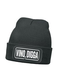 Dark gray knit beanie featuring a fold-over cuff, with a rectangular patch displaying the text "VINO, DIGGA" in white font.
