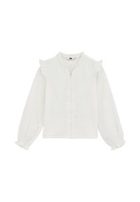 Weiße Bluse mit langen Ärmeln und Knopfleiste, Rüschensäume, kleinen Rüschendetails an den Schultern und einem strukturierten Stoffmuster.