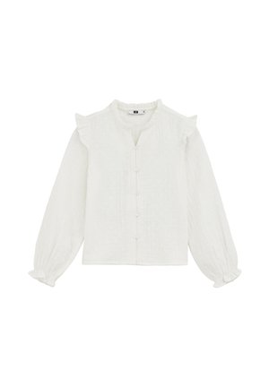 Camicia bianca a maniche lunghe con bottoni sul davanti, polsini arricciati, piccoli dettagli arricciati sulle spalle e una trama di tessuto testurizzato.