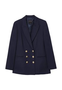 Blazer doppiopetto navy realizzato in tessuto liscio, con bottoni dorati, rever a punta e due tasche frontali. Silhouette strutturata.