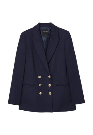 Blazer croisé en marine en tissu lisse, avec des boutons dorés, un col cranté et deux poches avant. Silhouette structurée.