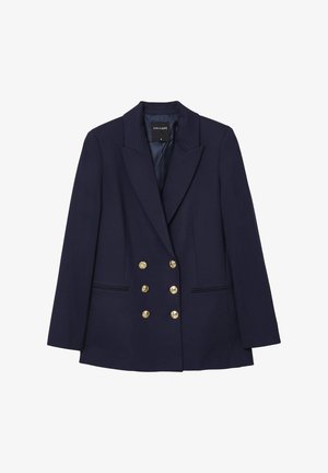 Navy double-breasted blazer made of smooth fabric, featuring gold buttons, a notched lapel, and two front pockets. Structured silhouette.