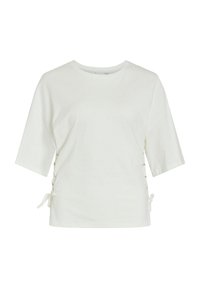 Hvit bomull t-skjorte med korte ermer, rund hals og siden knyting med metalliske maljer for justering.