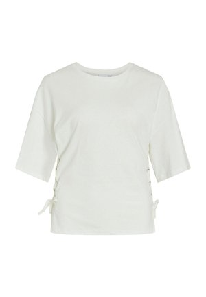 Weißes Baumwoll-T-Shirt mit kurzen Ärmeln, einem Rundhalsausschnitt und seitlichen Bändern mit Metallösen zur Anpassung.