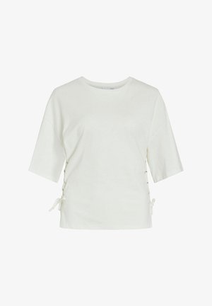 White cotton t-shirt with short sleeves, featuring a round neckline and side ties with metallic grommets for adjustment.