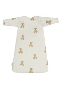 Cotton sleep sack in cream with beige teddy bear patterns. Long sleeves, round neck, and tapered design for easy movement and warmth.