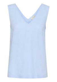 Top sans manches bleu clair avec un col en V, fabriqué en tissu lisse et présentant un ourlet droit. Design simple sans motifs ni accents visibles.