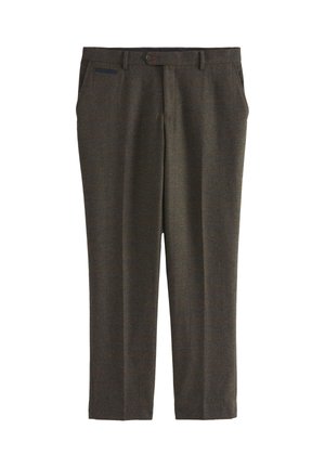 Men's tailored dark brown wool trousers with belt loops, side pockets, and a front button closure.
