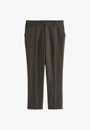 Men's tailored dark brown wool trousers with belt loops, side pockets, and a front button closure.