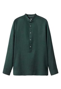 Camicia a maniche lunghe di colore verde scuro in lino. Presenta un colletto rialzato e una chiusura con cinque bottoni. Design semplice e privo di decorazioni con una vestibilità rilassata.