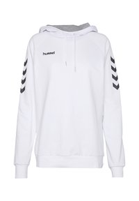 Sweat à capuche blanc avec doublure intérieure grise, logo hummel noir sur la poitrine et rayures chevrons noires sur les deux manches.