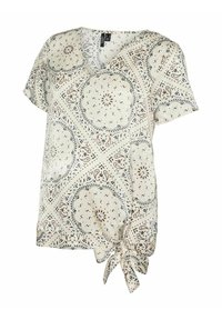 Maglia a maniche corte in tessuto crema con stampa paisley nera e marrone, dotata di scollatura a V e dettaglio con nodo all'orlo. Design leggero e fluido.