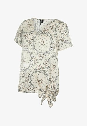 Kortärmad topp i gräddfärgad tyg med svart och brun paisleymönster, med v-ringning och knytning i nederkant. Lätt och flödande design.