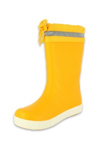 Botte de pluie en caoutchouc jaune avec une surface texturée, semelle blanche, bande grise en accent et cordon de serrage ajustable en haut pour un maintien sécurisé.