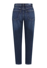 Jeans in denim blu scuro con una silhouette aderente, design a cinque tasche e cuciture a contrasto. Sul retro presentano due tasche angolate.