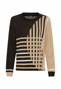 Strickpullover mit Rundhalsausschnitt, gestaltet mit einem geometrischen Muster in Schwarz, Beige und Weiß. Lange Ärmel und gerippte Bündchen am Saum.