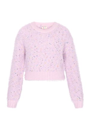 Világos lila bolyhos kötött pulóver színes pöttyökkel, hosszú ujakkal, bordás mandzsettával, aljjal és kerek nyakkivágással.