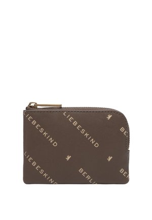 Brown zippered leather clutch with gold zipper and "LIEBESKIND BERLIN" logo text and small bear icons printed diagonally.