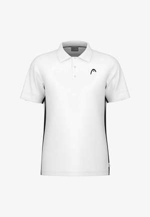 Weißes Poloshirt mit kurzen Ärmeln und Kragen, mit einer Drei-Knopf-Leiste, schwarzen Seitenteilen und einem kleinen schwarzen Logo auf der linken Brust.