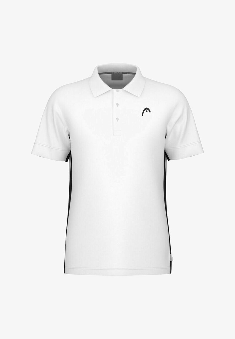 Camisa polo blanca de manga corta con cuello, con una tapeta de tres botones, paneles laterales negros y un pequeño logo negro en el lado izquierdo del pecho.