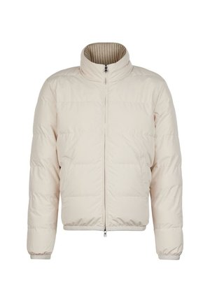 Beżowa puchowa kurtka z prążkowanym wewnętrznym kołnierzem, długimi rękawami, przednim suwakiem i elastycznymi mankietami, przeznaczona na zimną pogodę.