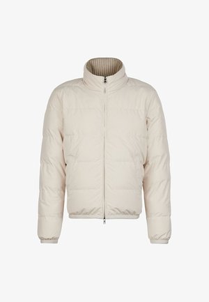 Beżowa puchowa kurtka z prążkowanym wewnętrznym kołnierzem, długimi rękawami, przednim suwakiem i elastycznymi mankietami, przeznaczona na zimną pogodę.