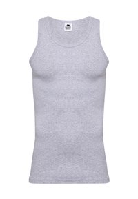 Grå bomulds tanktop med rund hals, ærmeløs design og en glat tekstur. Etiket viser størrelsen "DOVRE MEDIUM."