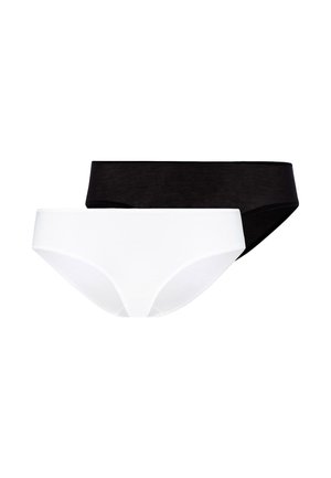 Zwei Damen-Bikinislips, einer schwarz und einer weiß, überlappend auf weißem Hintergrund dargestellt.