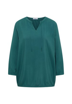 Turkusowa bluzka z długim rękawem, dekoltem w serek i wiązaniami z przodu, z elastycznymi mankietami i elastycznym dołem.