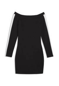 Μαύρο φόρεμα με μακριά μανίκια και ακάλυπτους ώμους, με λευκές ρίγες που τρέχουν κατά μήκος και των δύο μανικιών, εφαρμοστό.