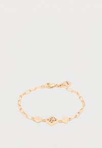 Aranyszínű karkötő láncszemes kialakítással, négyzet és gyémánt formájú díszítésekkel. Csattal záródik, kis márkajelzéses charm medállal ellátva.