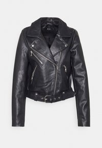 Black leather biker jacket with a notch collar, asymmetrical front zippers, and belted waist. Features silver hardware and textured finish.