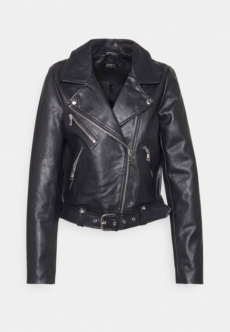 Black leather biker jacket with a notch collar, asymmetrical front zippers, and belted waist. Features silver hardware and textured finish.