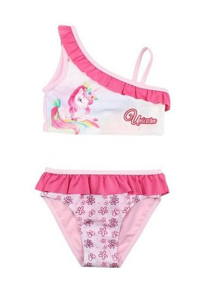 Maillot de bain pour enfants en deux pièces comprenant un haut asymétrique avec des volants roses et un motif de licorne, et un bas à imprimé floral rose avec des volants.