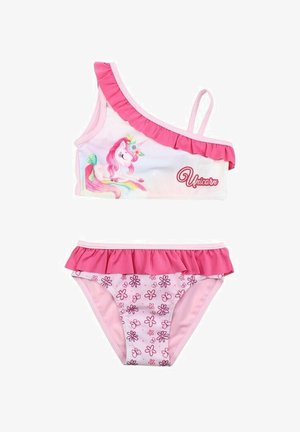 Maillot de bain pour enfants en deux pièces comprenant un haut asymétrique avec des volants roses et un motif de licorne, et un bas à imprimé floral rose avec des volants.